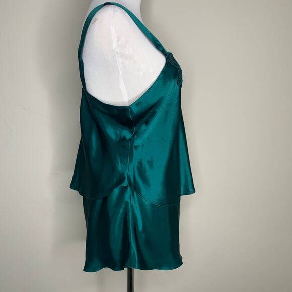 Green Satin 2 Pc Tap Pants Camisole Lingerie Pajamas Nighty Vintage Small - Picture 4 of 9